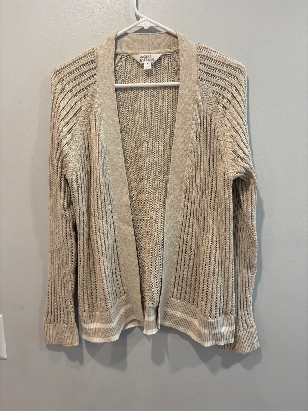 Market & Spruce Beige Open‑Knit Open Front Cardigan ptp 19 length 26